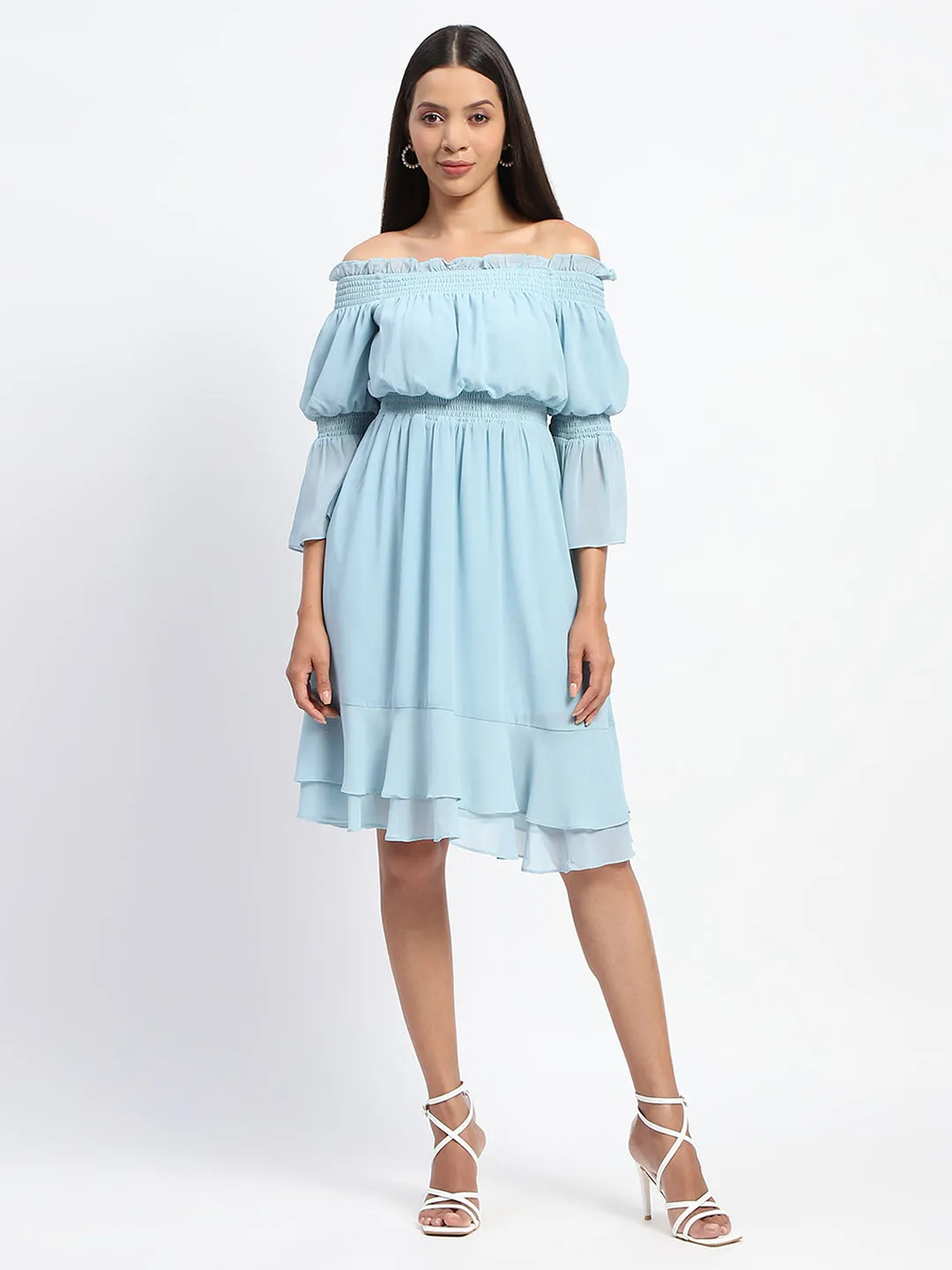 Madame Off Shoulder Aqua Blue Tiered Midi Dress