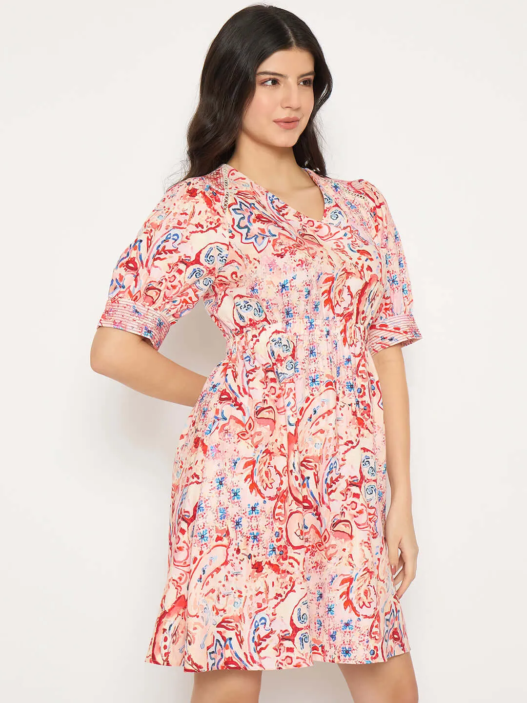 Madame Paisley Print Elasticated Waist Red Cotton Dress
