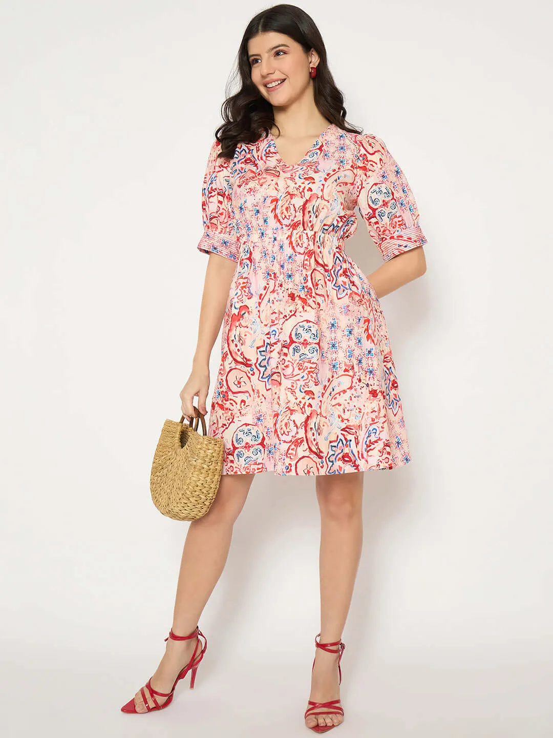 Madame Paisley Print Elasticated Waist Red Cotton Dress