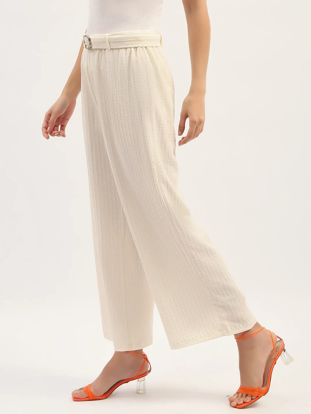 Madame Waist Belted Tapered Fit White Trousers