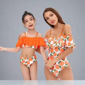 Matching Mommy & Me Orange Print Swimsuit