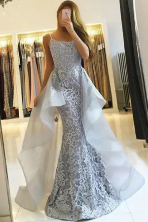 Mermaid Spaghetti Straps Detachable Floor-Length Lace Prom Dress C015