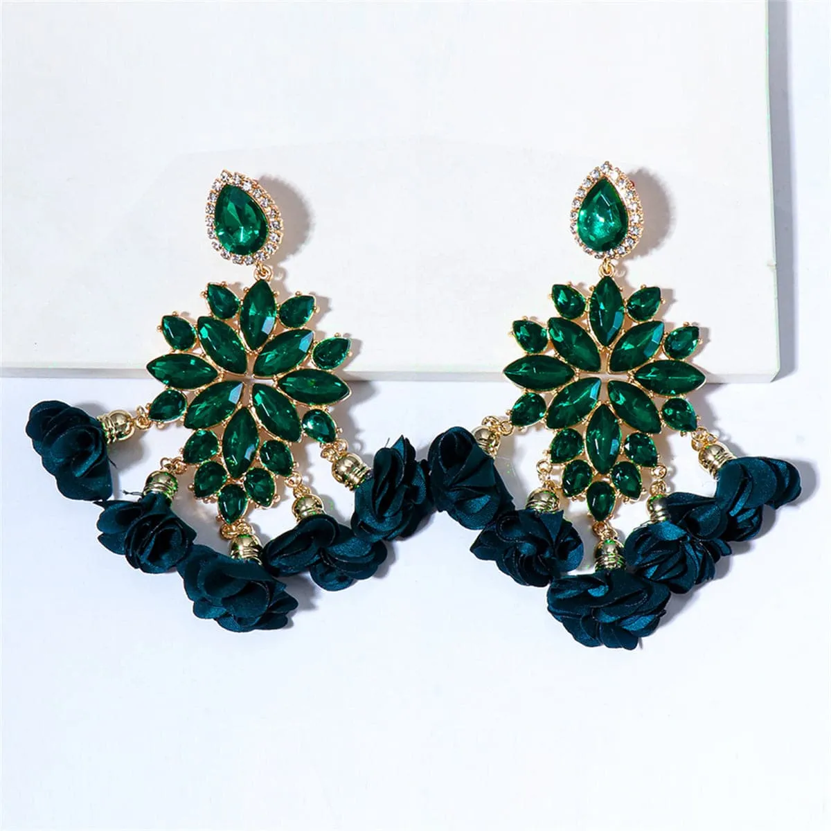 Midnight & Verdant Green Crystal Flower Tassel Drop Earrings