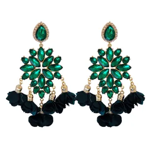 Midnight & Verdant Green Crystal Flower Tassel Drop Earrings