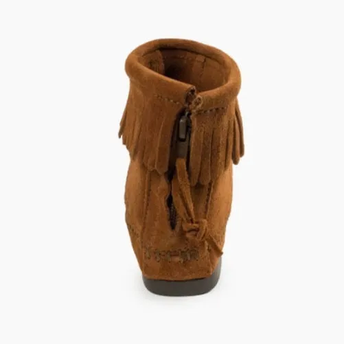 Minnetonka Women's Back Zip Brown Boot with Fringe on Top
