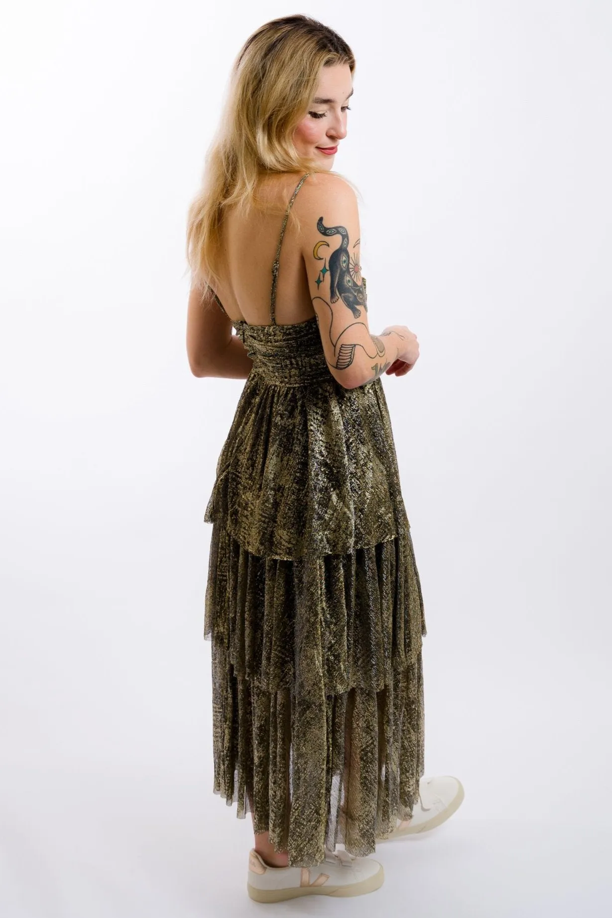 Moon River Metallic Cut-Out Tiered Maxi Dress - Black Gold