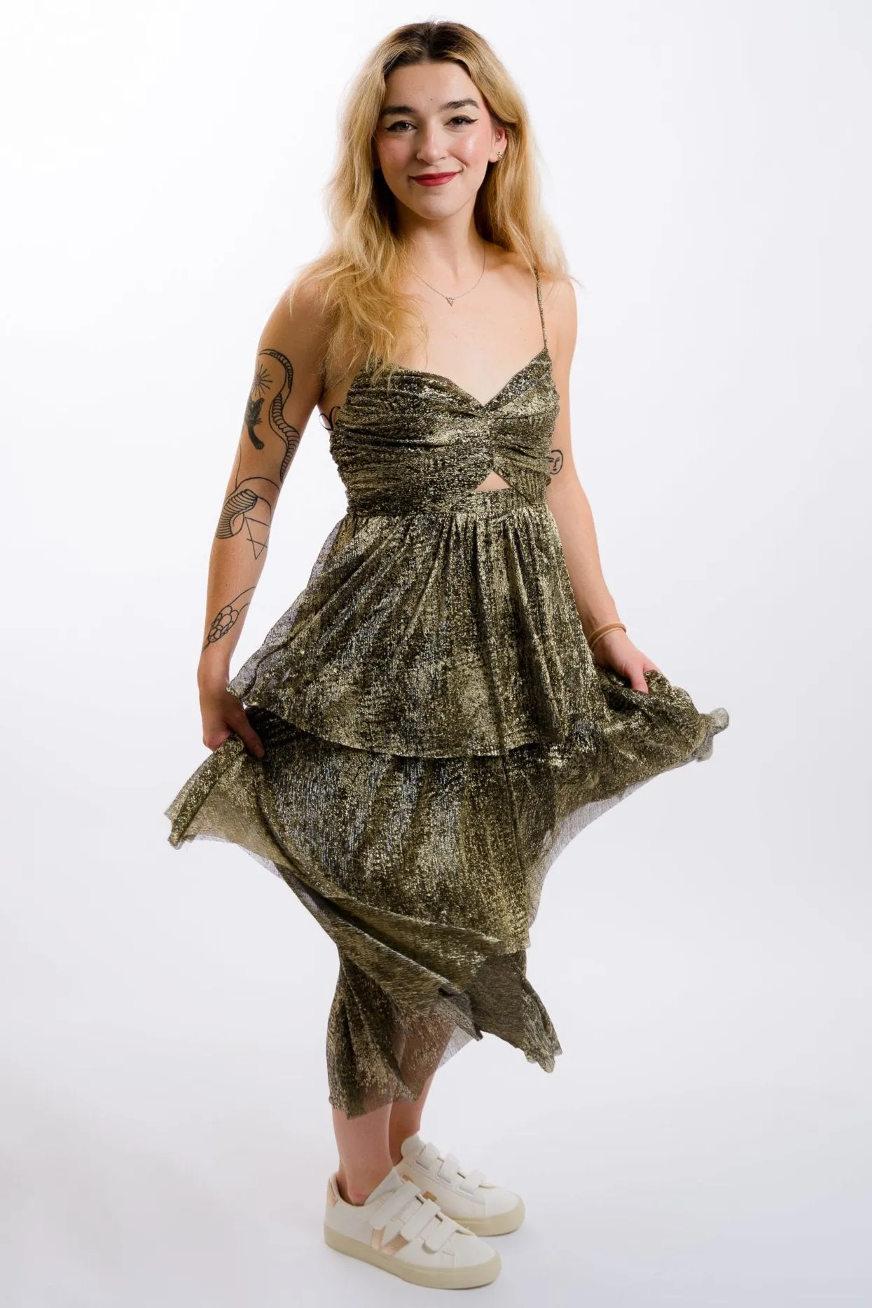 Moon River Metallic Cut-Out Tiered Maxi Dress - Black Gold
