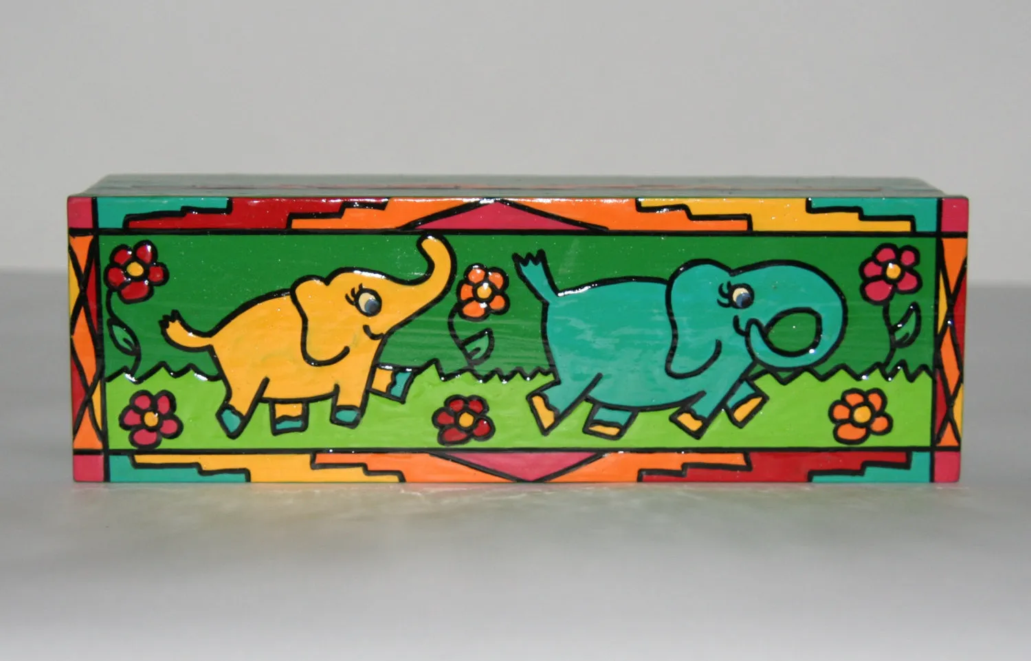 Mother and Baby Elephant Handcrafted Wood Box Carved Painted Vibrant Colors South Africa 8.5"W X 2.75"D X 2.50"H