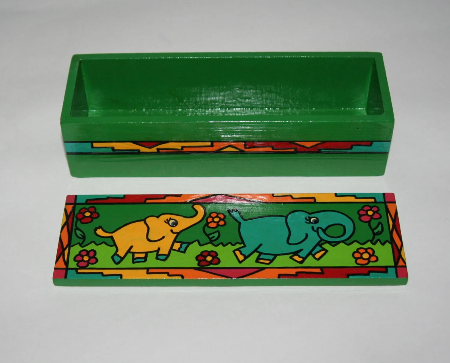 Mother and Baby Elephant Handcrafted Wood Box Carved Painted Vibrant Colors South Africa 8.5"W X 2.75"D X 2.50"H