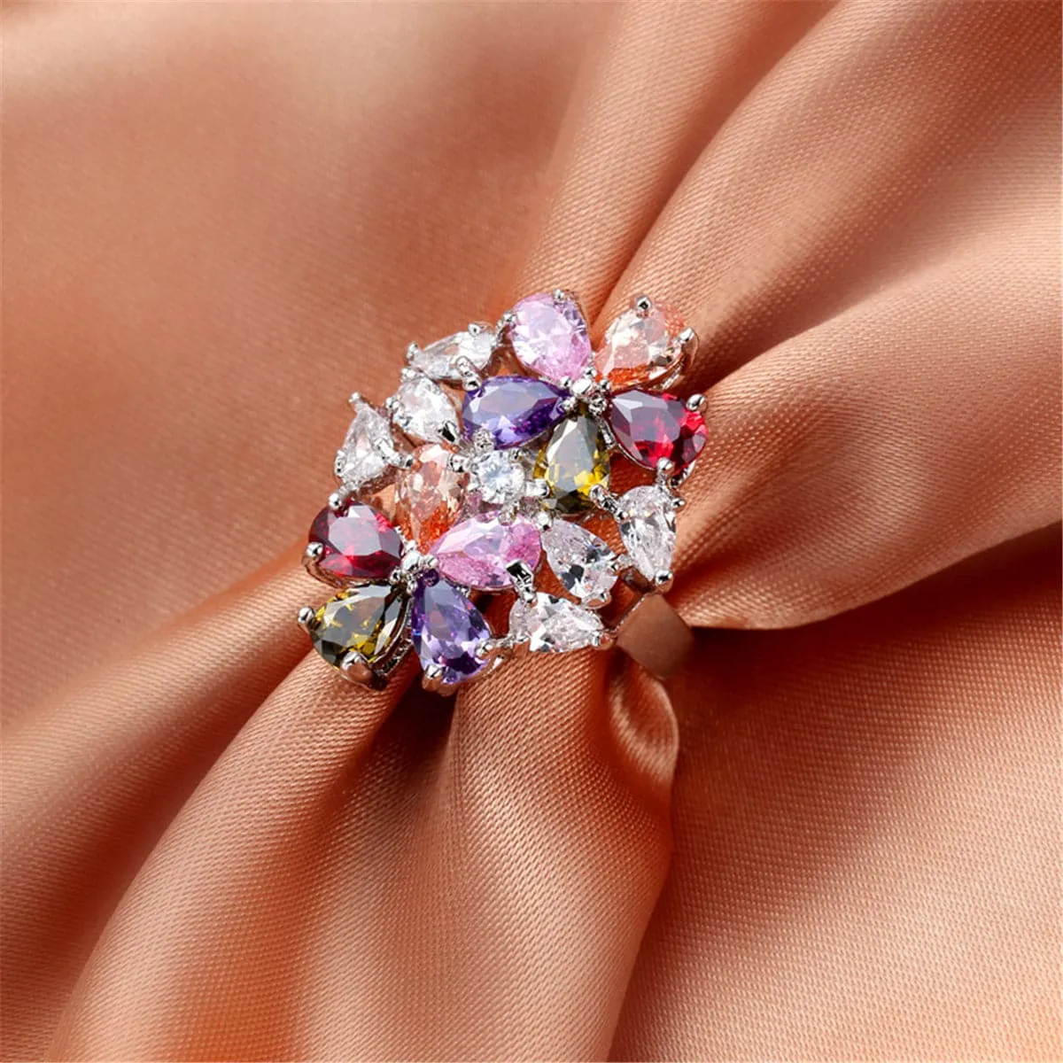 Multicolor Crystal & Silver-Plated Floral Pear-Cut Ring