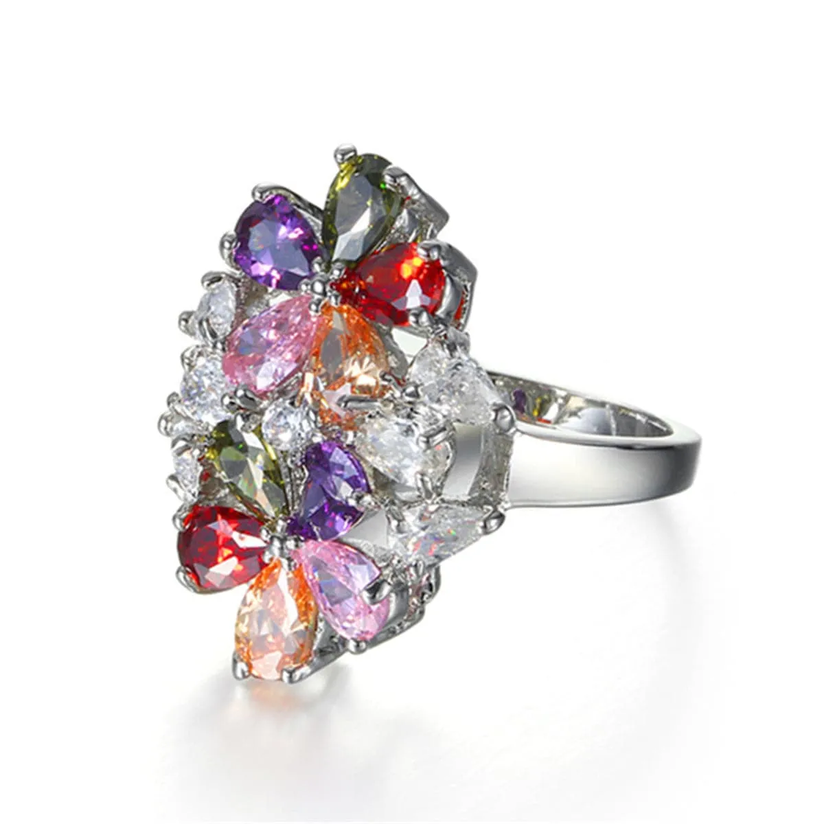 Multicolor Crystal & Silver-Plated Floral Pear-Cut Ring