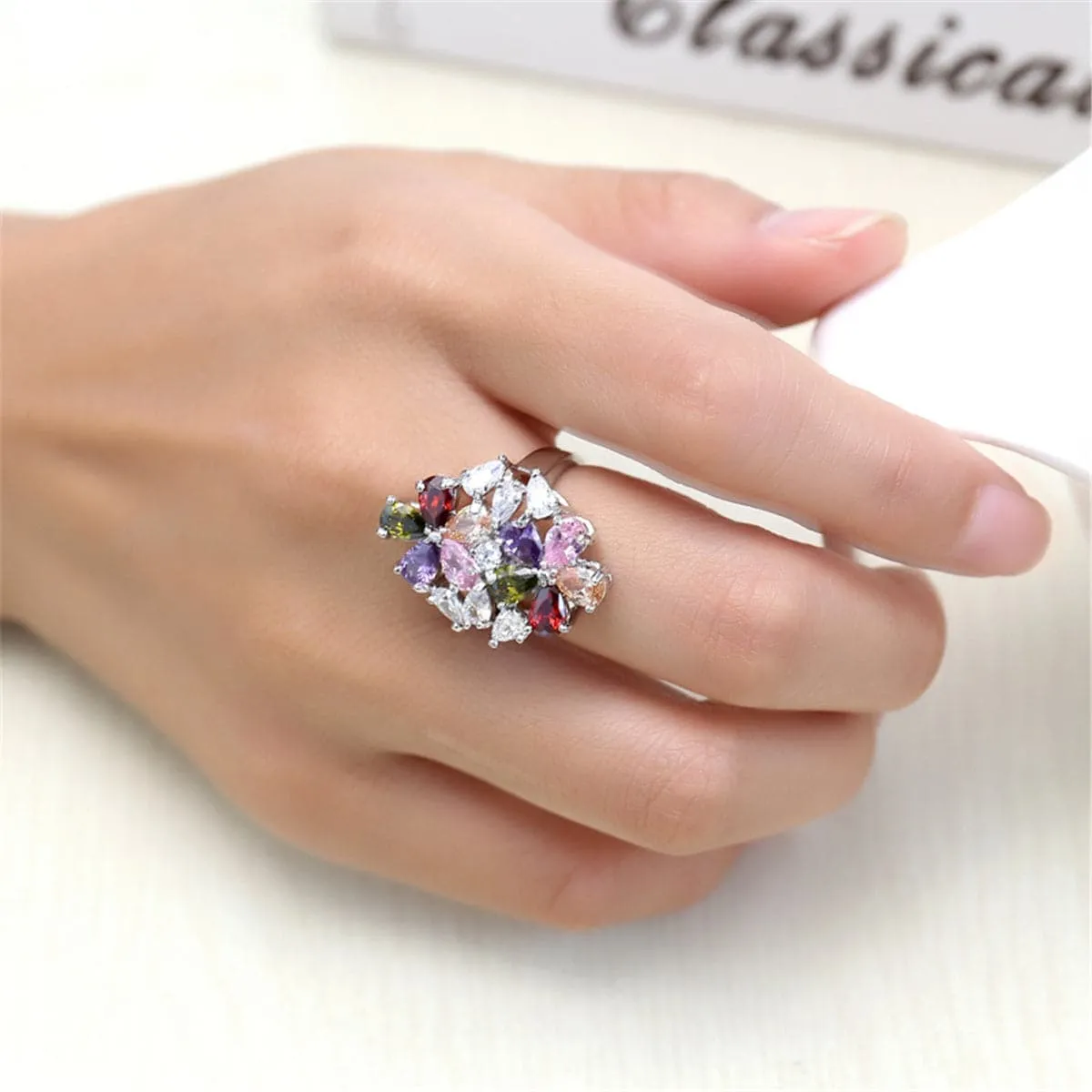 Multicolor Crystal & Silver-Plated Floral Pear-Cut Ring