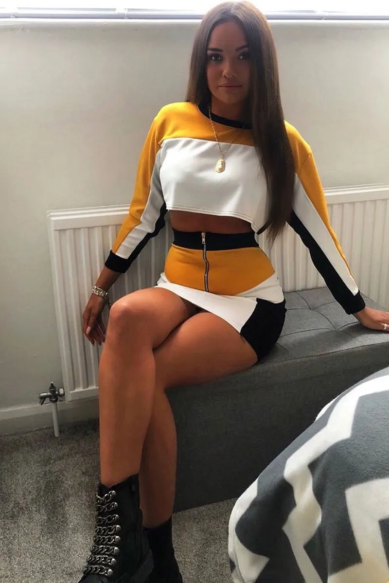 Mustard White and Black Colour Block Crop Top and Skirt Co-ord - Dyana