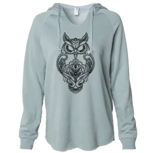 Mystical Owl Stencil Black Women's Soft Hooded Pullover