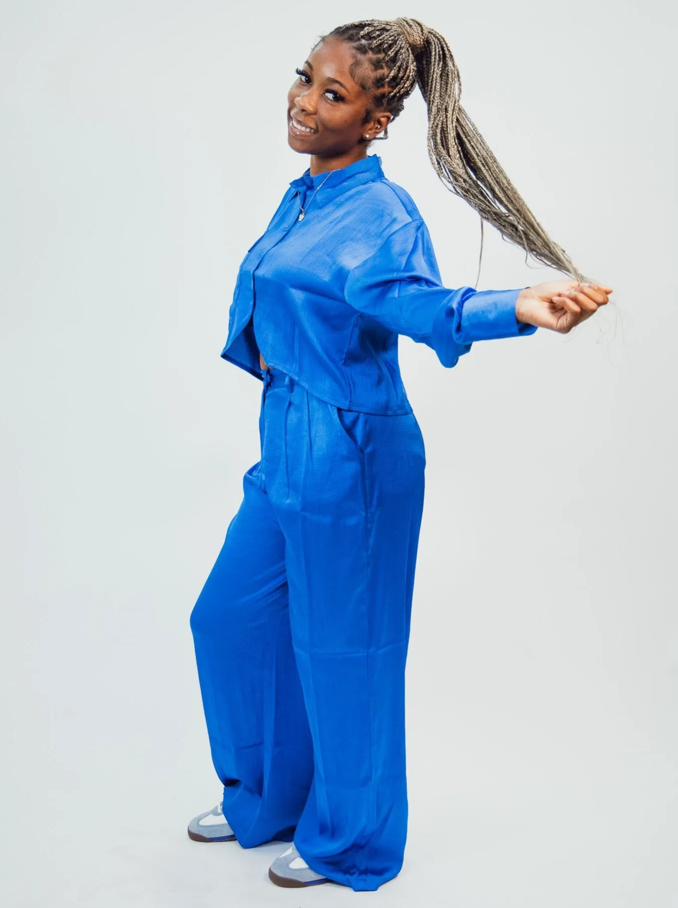 Native Youth Textured Satin Wide Leg Trousers - Blue
