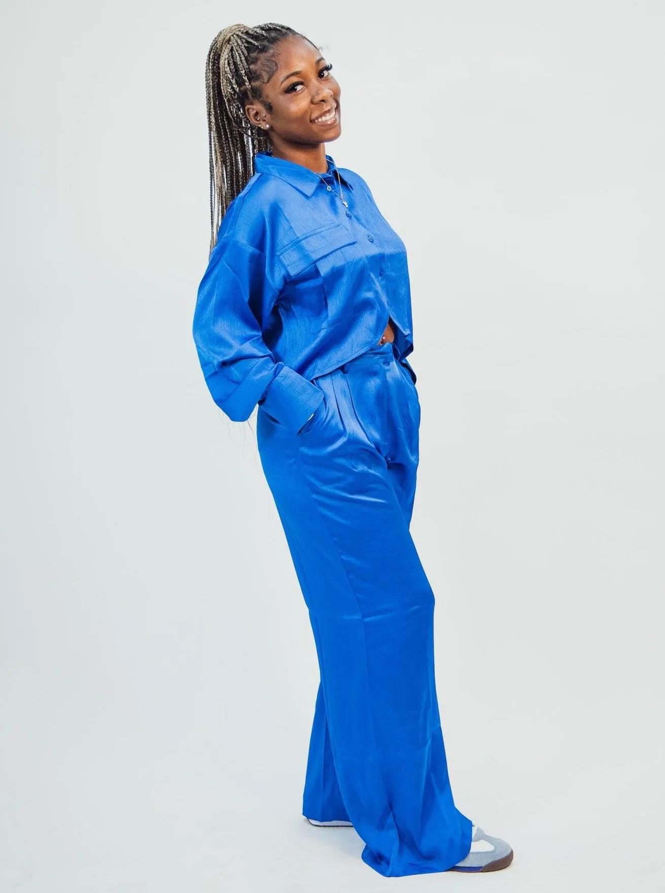 Native Youth Textured Satin Wide Leg Trousers - Blue