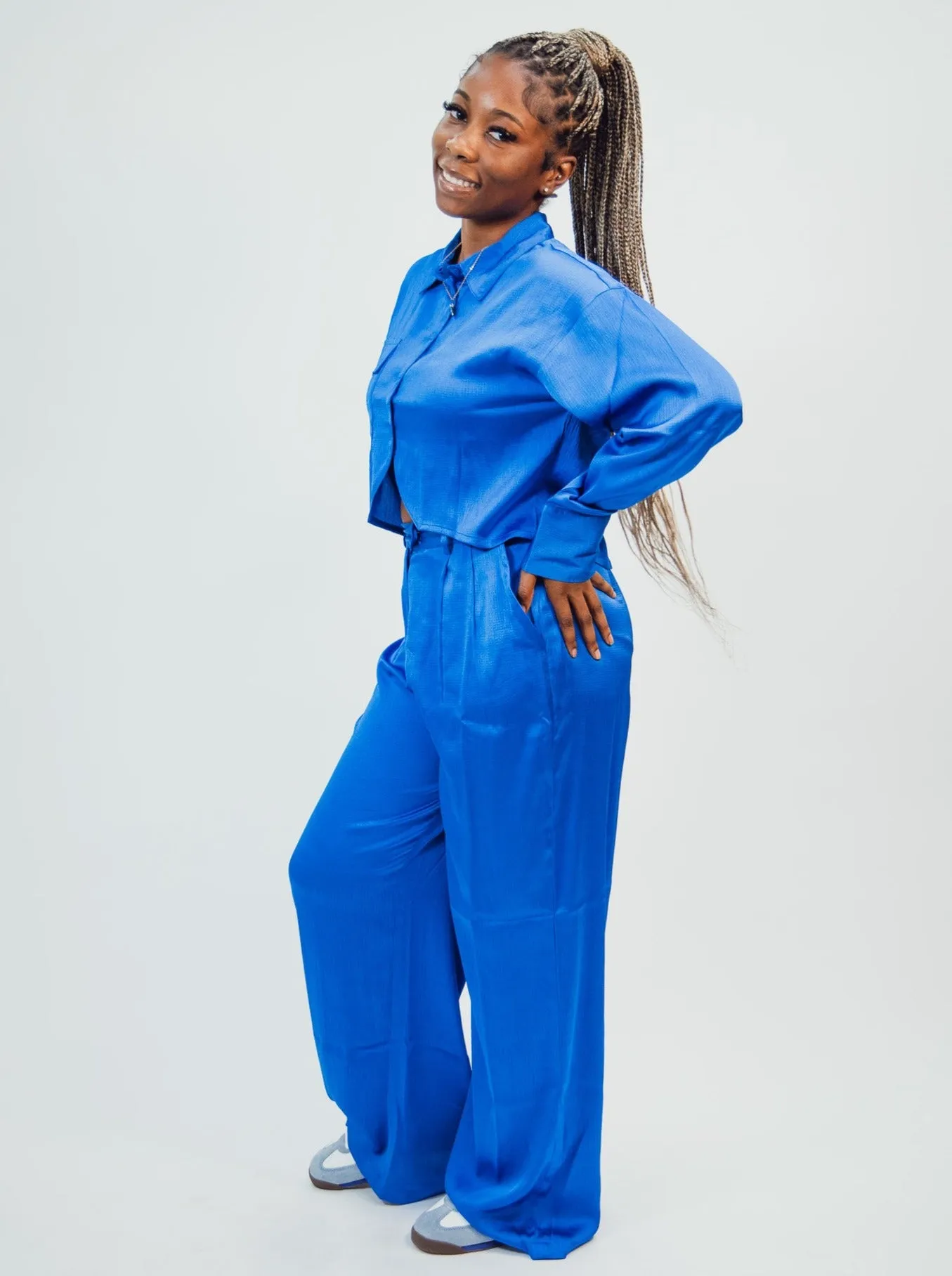 Native Youth Textured Satin Wide Leg Trousers - Blue