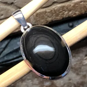 Natural Black Obsidian Eye 925 Sterling Silver Cabochan Pendant 30mm