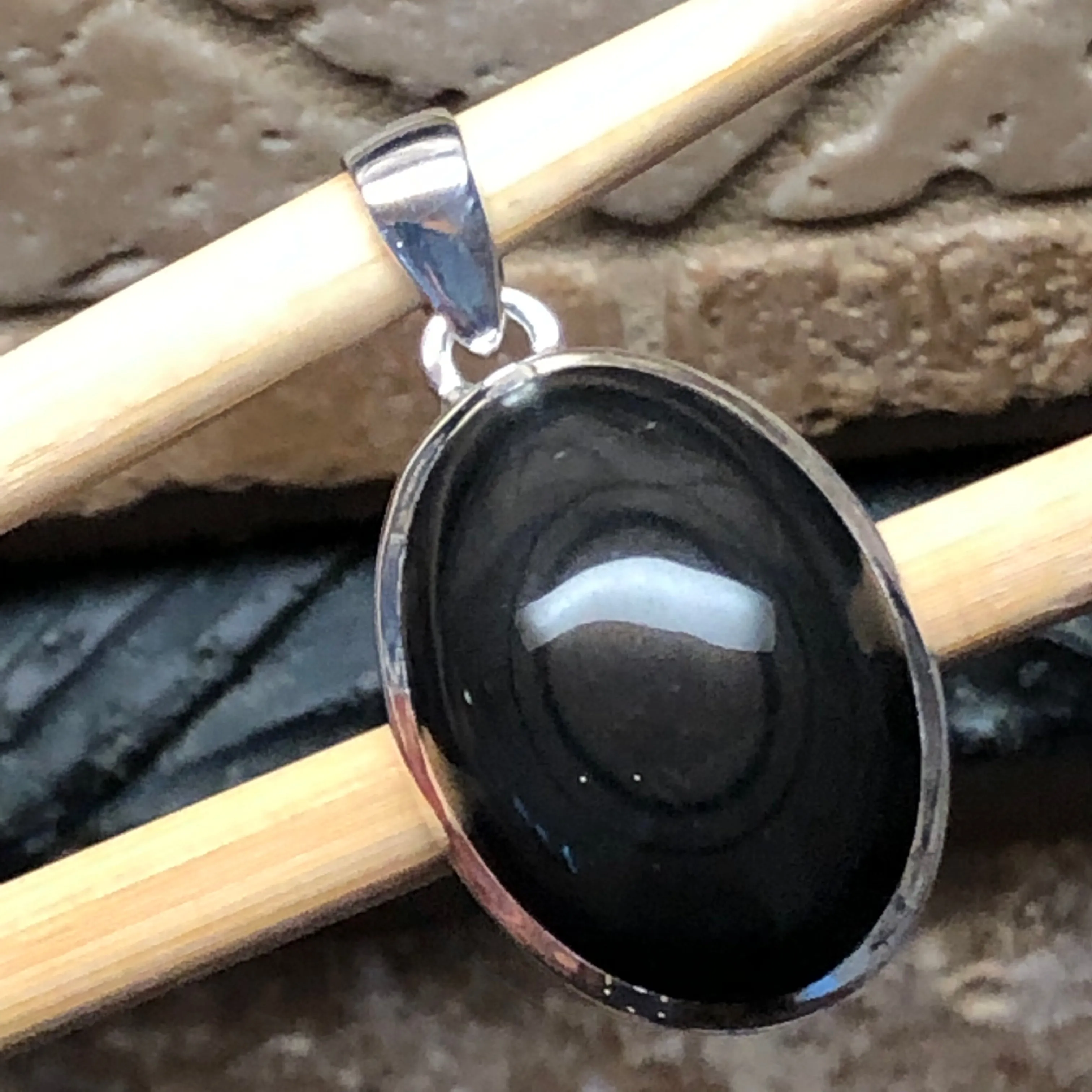 Natural Black Obsidian Eye 925 Sterling Silver Cabochan Pendant 30mm