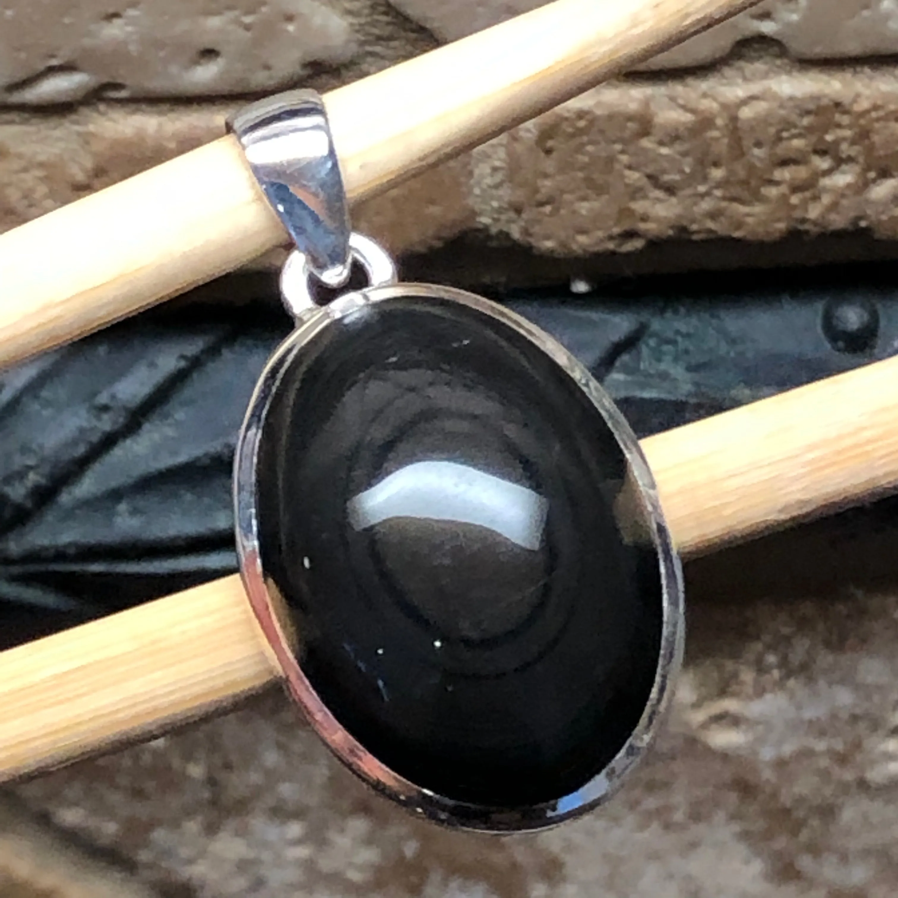 Natural Black Obsidian Eye 925 Sterling Silver Cabochan Pendant 30mm