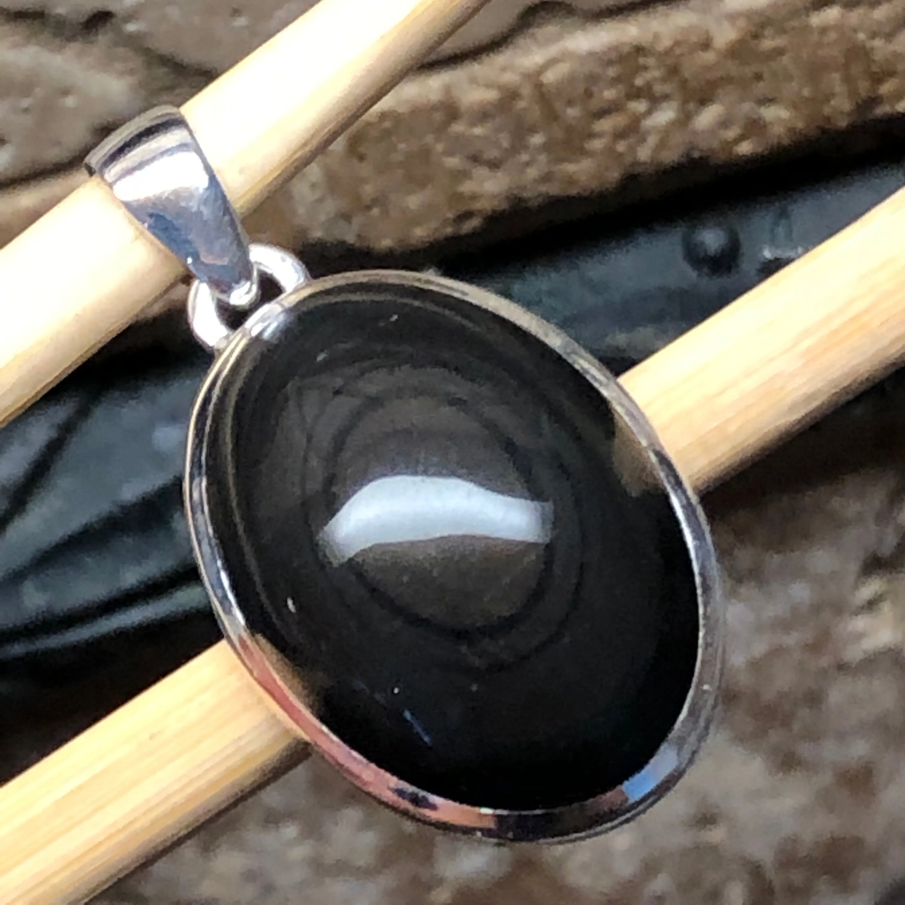 Natural Black Obsidian Eye 925 Sterling Silver Cabochan Pendant 30mm