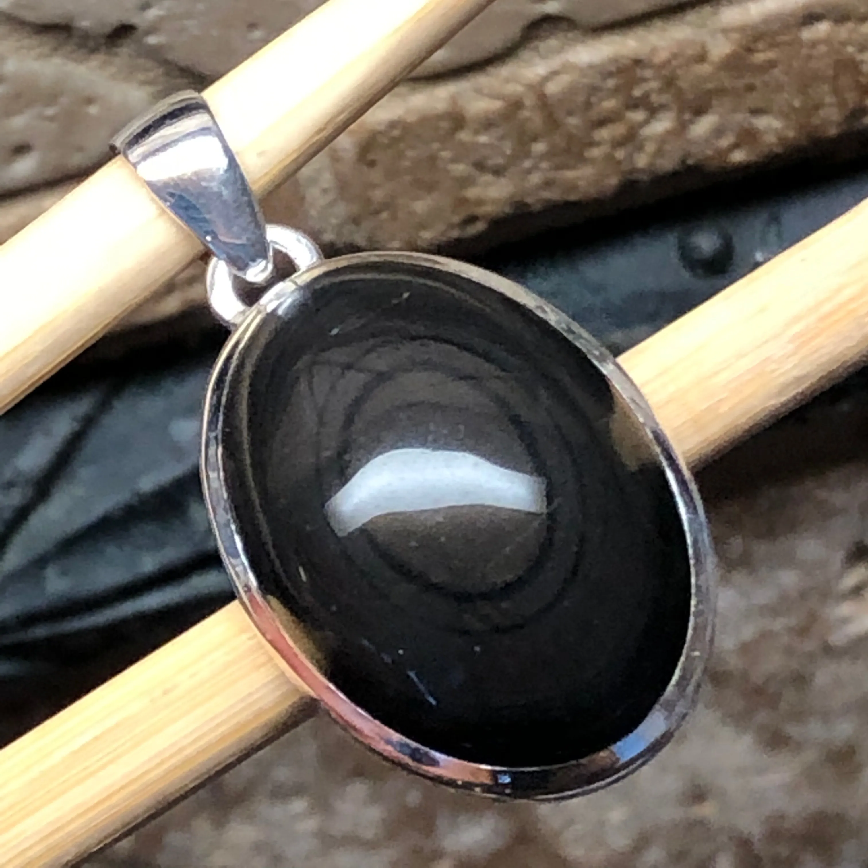 Natural Black Obsidian Eye 925 Sterling Silver Cabochan Pendant 30mm