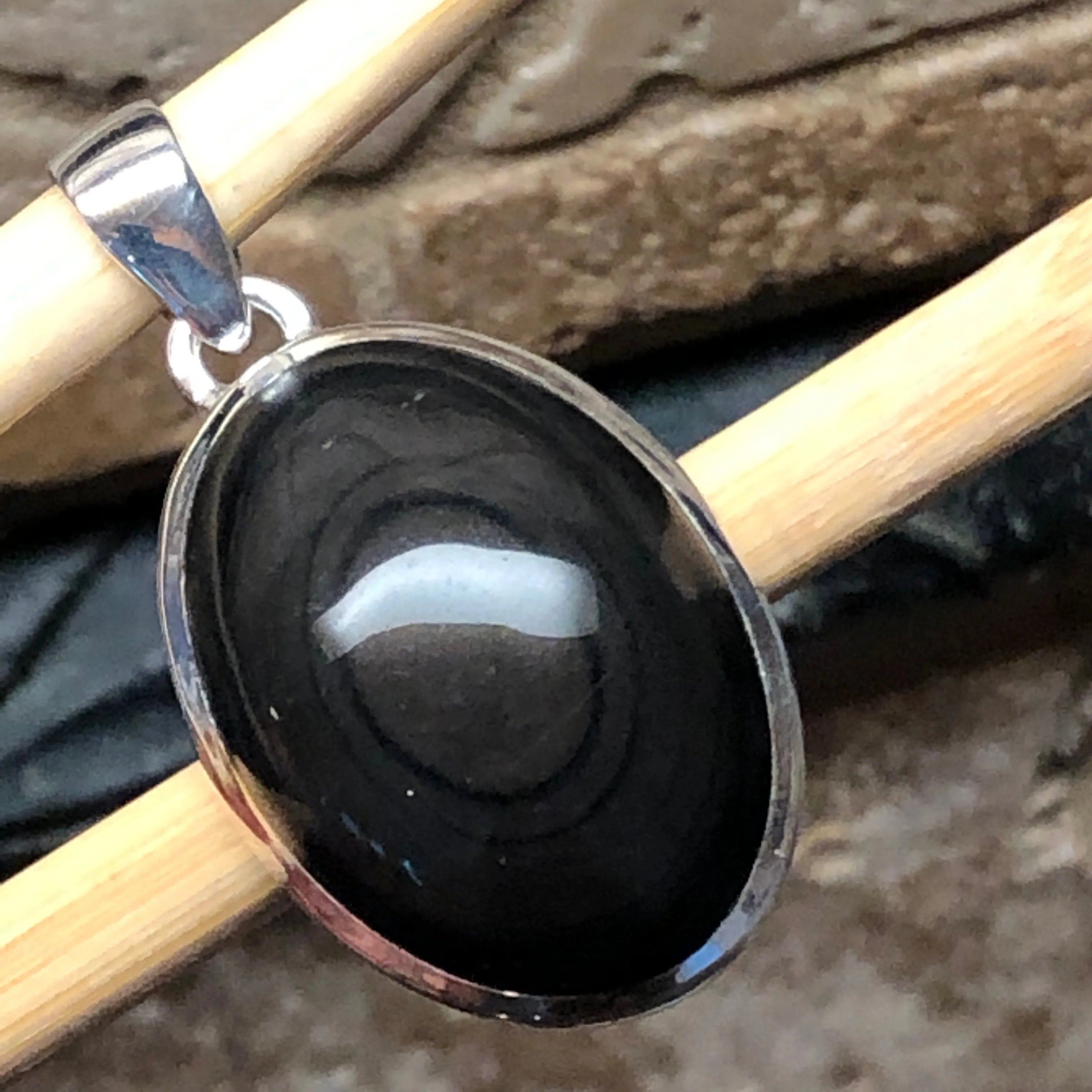 Natural Black Obsidian Eye 925 Sterling Silver Cabochan Pendant 30mm