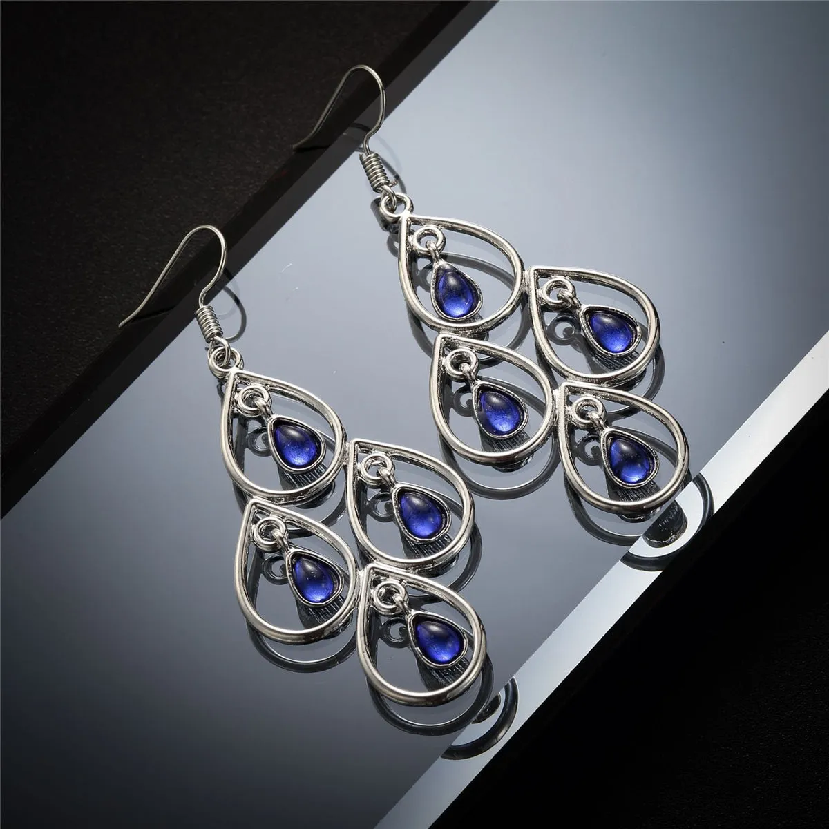 Navy Crystal & Silver-Plated Openwork Pear-Cut Drop Earrings