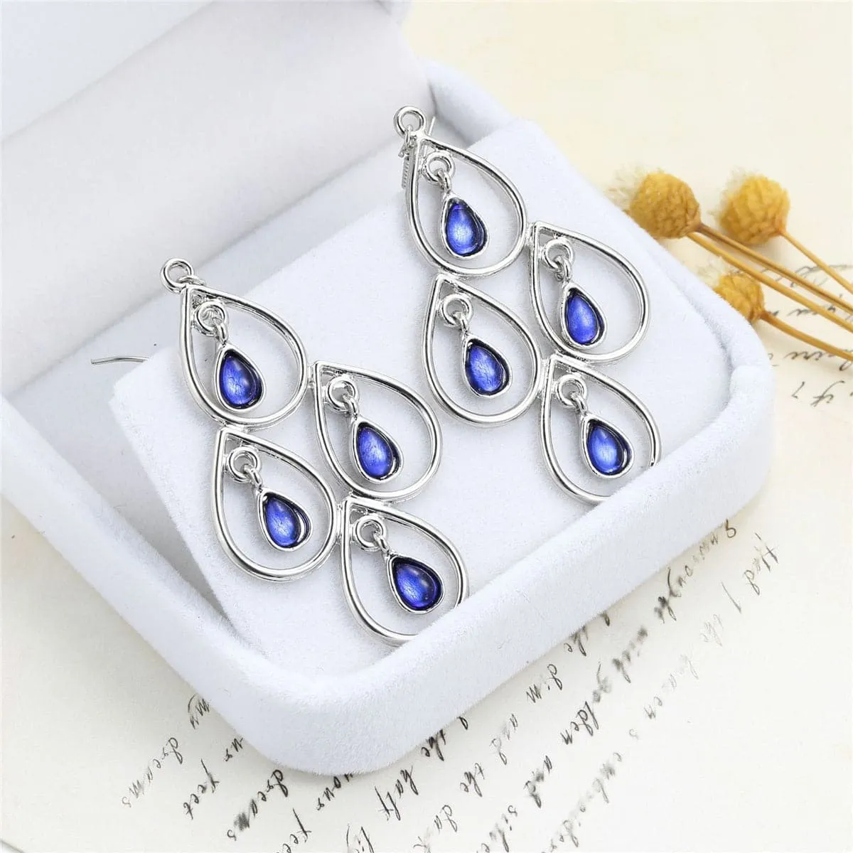 Navy Crystal & Silver-Plated Openwork Pear-Cut Drop Earrings