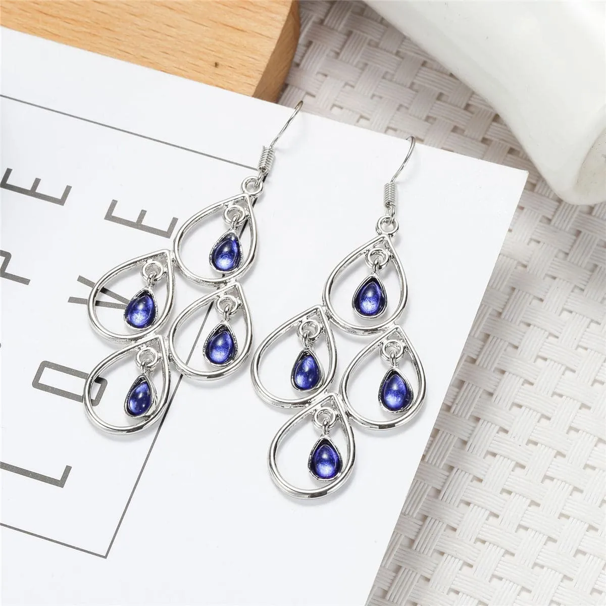 Navy Crystal & Silver-Plated Openwork Pear-Cut Drop Earrings