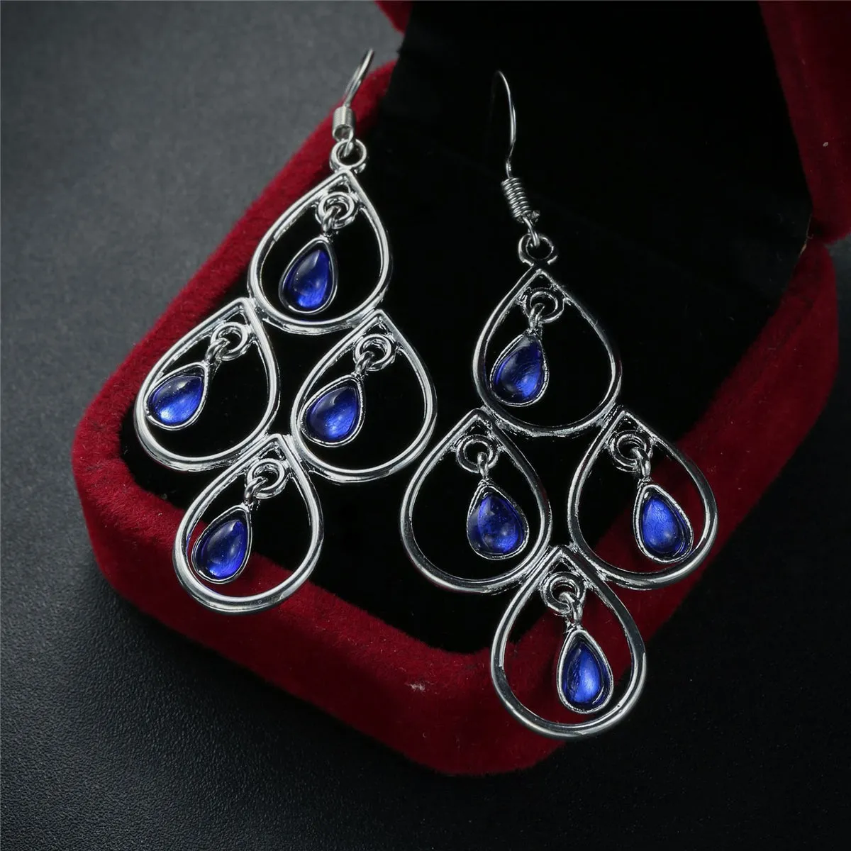 Navy Crystal & Silver-Plated Openwork Pear-Cut Drop Earrings