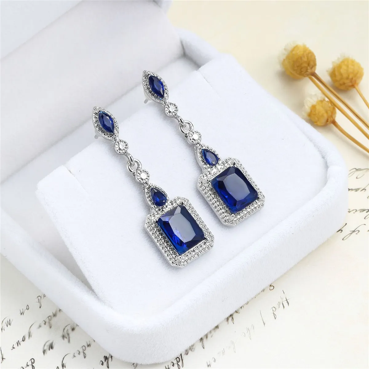 Navy Crystal & Silver-Plated Radiant-Cut Halo Drop Earrings