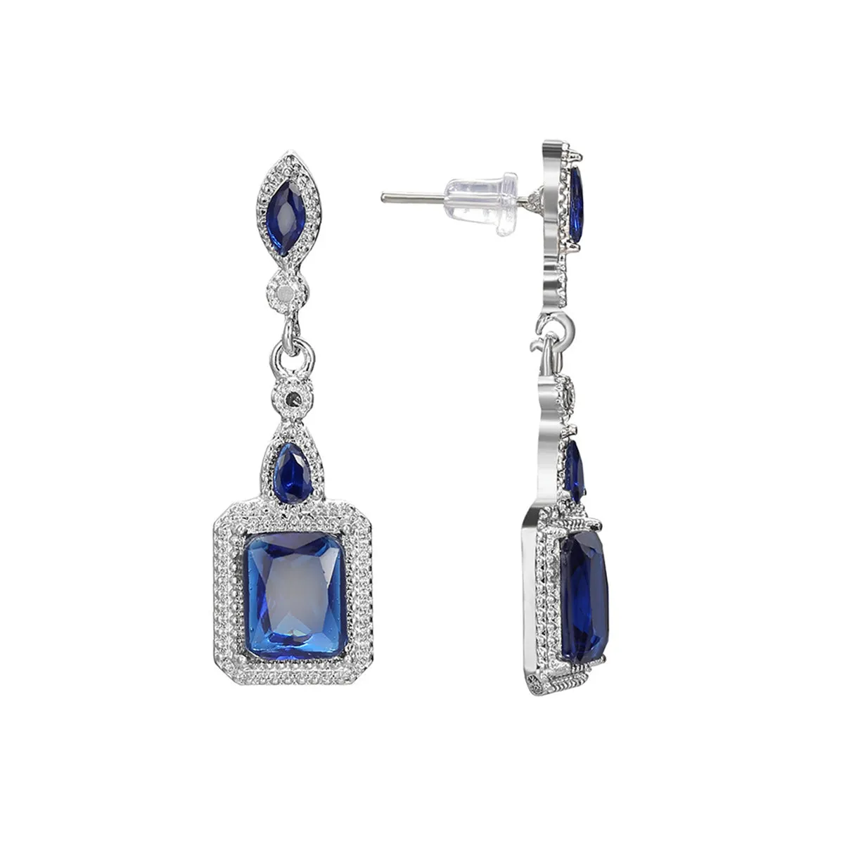 Navy Crystal & Silver-Plated Radiant-Cut Halo Drop Earrings