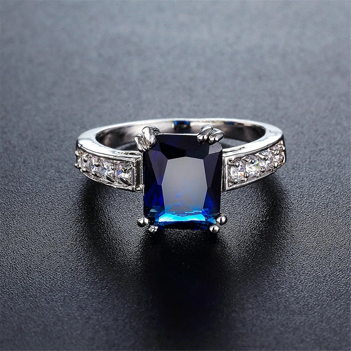 Navy Crystal & Silver-Plated Rectangle Solitaire Ring