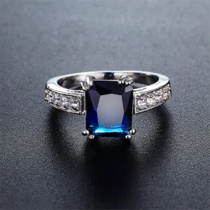 Navy Crystal & Silver-Plated Rectangle Solitaire Ring