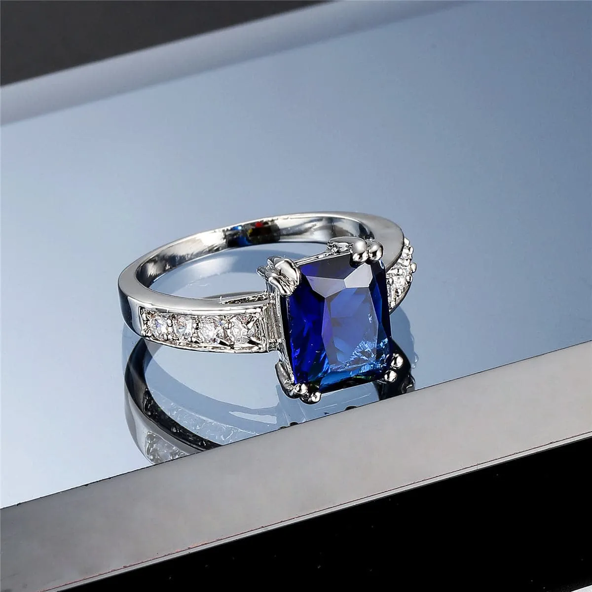Navy Crystal & Silver-Plated Rectangle Solitaire Ring