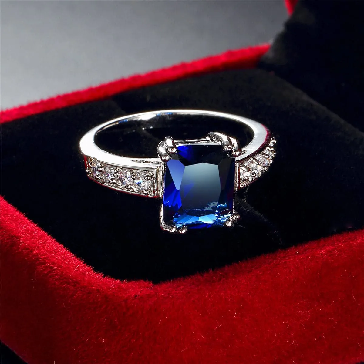 Navy Crystal & Silver-Plated Rectangle Solitaire Ring