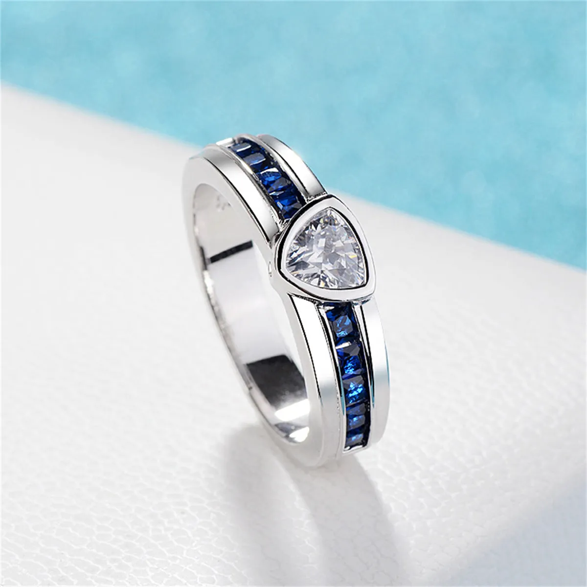 Navy Crystal & Silver-Plated Triangle Ring