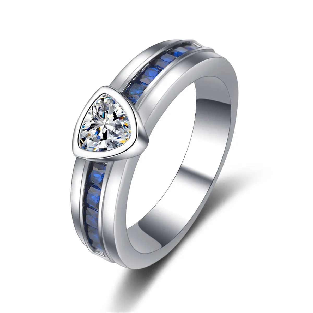 Navy Crystal & Silver-Plated Triangle Ring