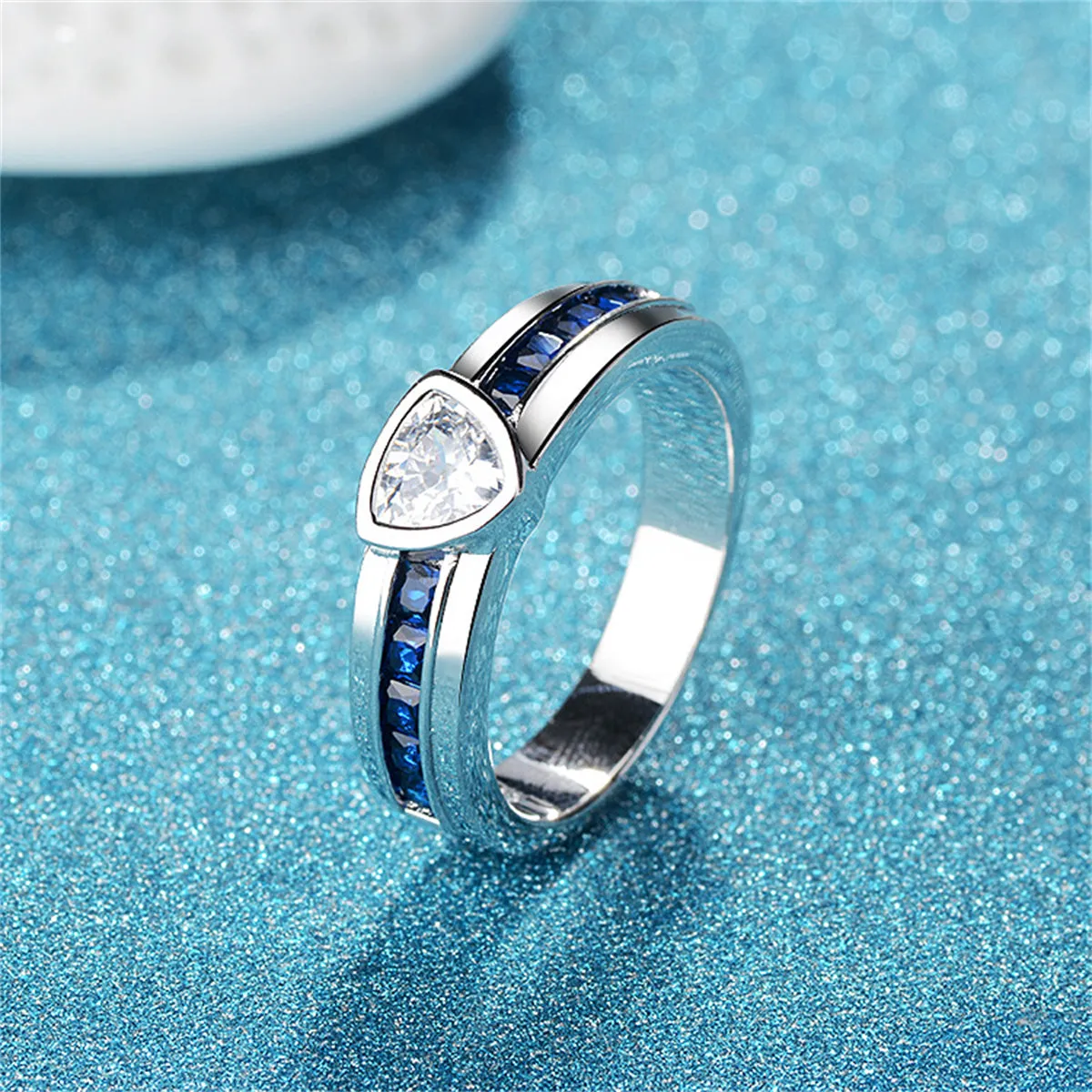 Navy Crystal & Silver-Plated Triangle Ring