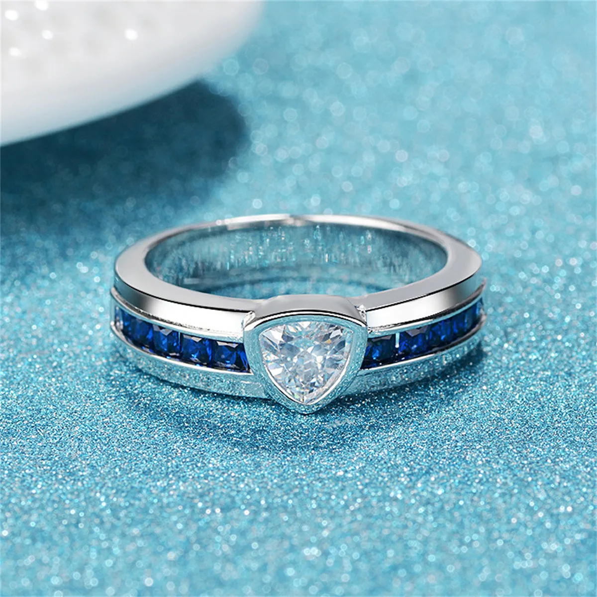 Navy Crystal & Silver-Plated Triangle Ring