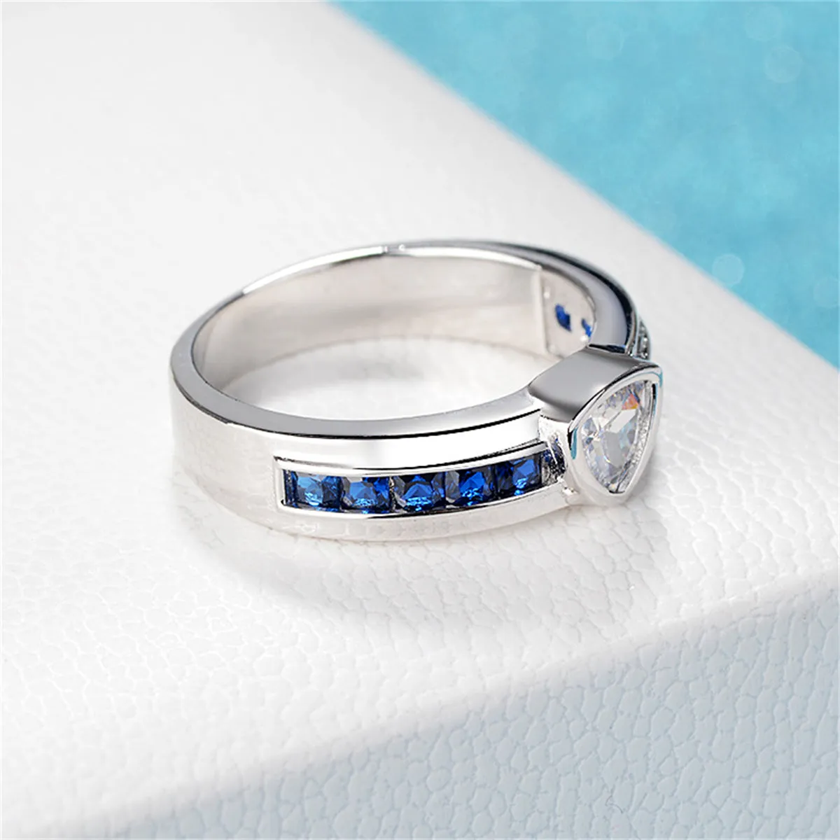 Navy Crystal & Silver-Plated Triangle Ring