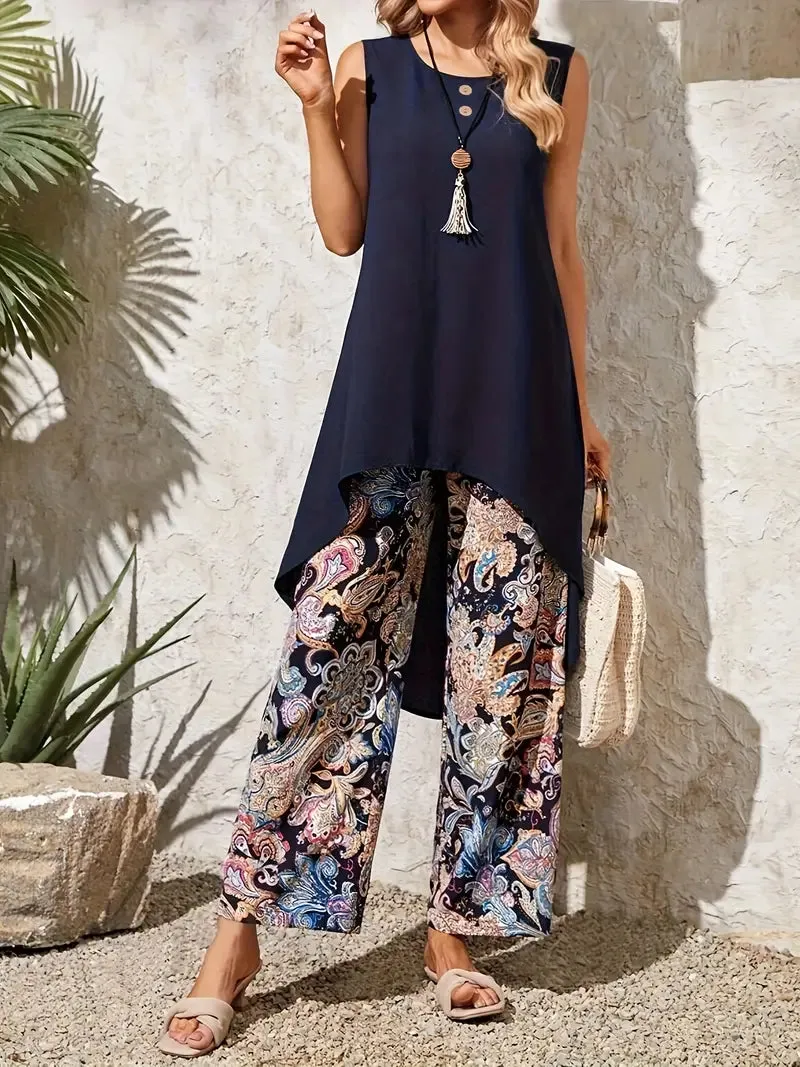 New Elegant Summer Pants Set, Solid Color Crew Neck Sleeveless Top & Paisley Print Pants Outfits, Women's Clothing Sz 2X! Fits XL-1X