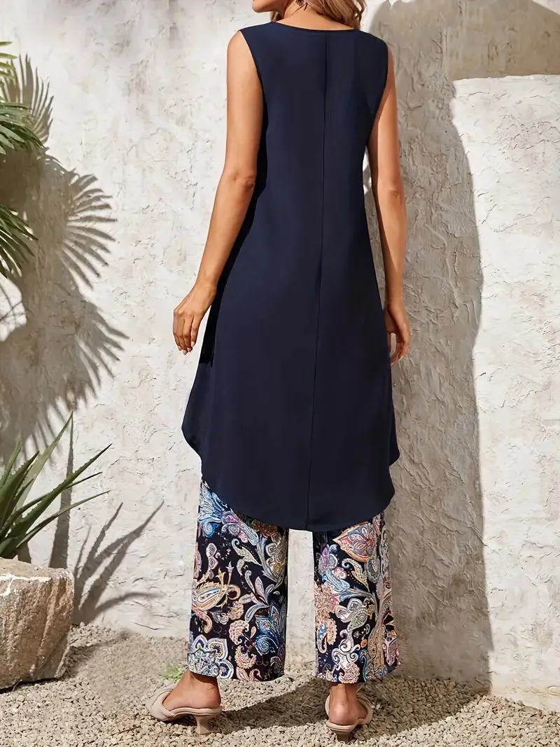 New Elegant Summer Pants Set, Solid Color Crew Neck Sleeveless Top & Paisley Print Pants Outfits, Women's Clothing Sz 2X! Fits XL-1X