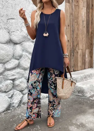 New Elegant Summer Pants Set, Solid Color Crew Neck Sleeveless Top & Paisley Print Pants Outfits, Women's Clothing Sz 2X! Fits XL-1X