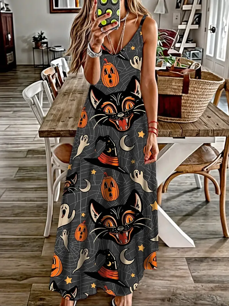 NEW Halloween Print Spaghetti Strap Dress, Casual Sleeveless Cami Dress, Women's Clothing, Sz L