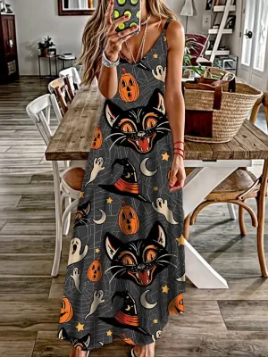 NEW Halloween Print Spaghetti Strap Dress, Casual Sleeveless Cami Dress, Women's Clothing, Sz L