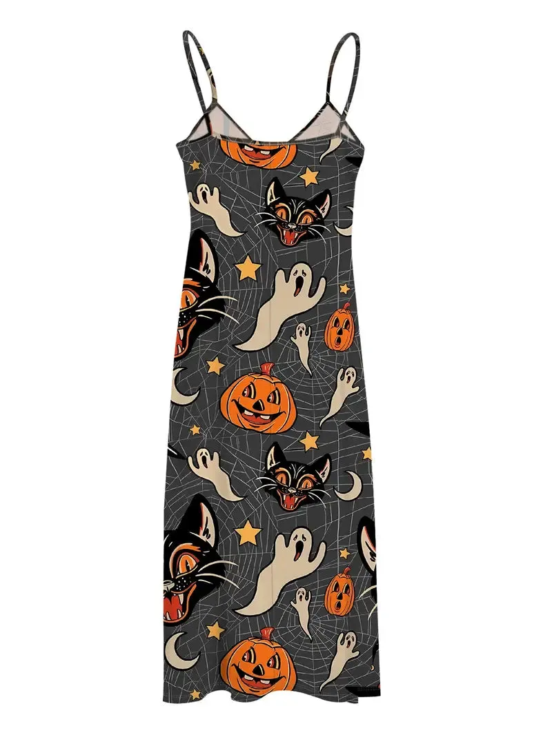 NEW Halloween Print Spaghetti Strap Dress, Casual Sleeveless Cami Dress, Women's Clothing, Sz L