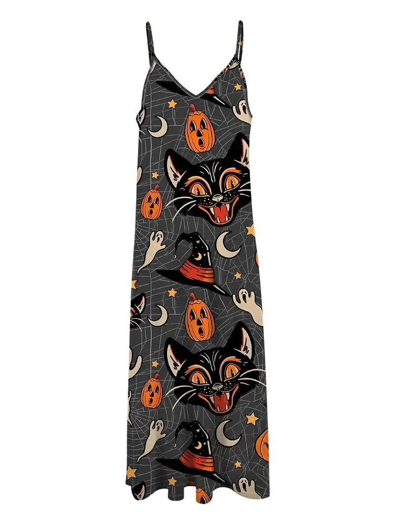 NEW Halloween Print Spaghetti Strap Dress, Casual Sleeveless Cami Dress, Women's Clothing, Sz L