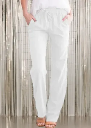 NEW Summer Women's Cotton Linen Drawstring Loose Wide-Leg Pants | Trousers with Pockets, White, 100% Cotton, Sz XL!